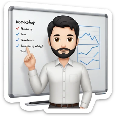 Professional 35-year-old man with black wavy hair, stubble, strong jawline, white skin tone, wearing smart casual business attire, standing in front of a diverse group, facilitating an interactive leadership workshop with whiteboard and participants sticker