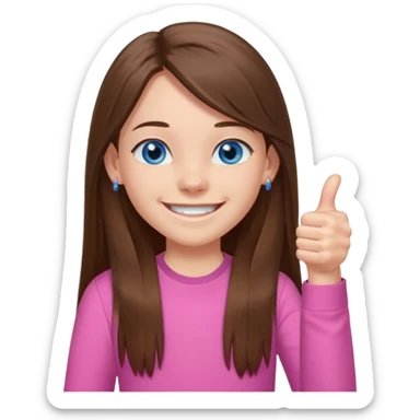 11 year old girl, blue eyes, brown long ish straight hair, smile and two thumbss up with stud earings and a pink shirt, and that you can see my whole body, and no teeth in my smile sticker