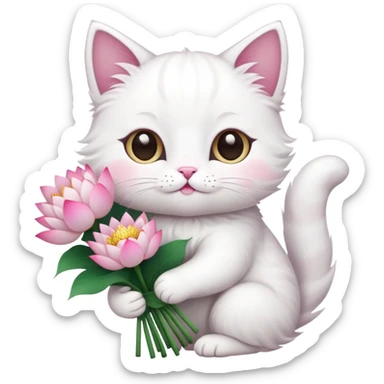 White cat holding a bouquet of lotus flowers sticker
