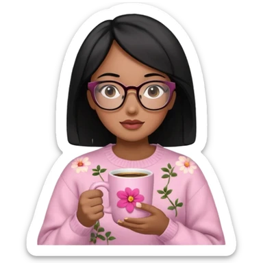 Chica de pelo negro ojos negros y piel morena con lentes oversize square GAFAS DE LEER BIEN GRANDES , en la mano derecha una taza de cafe en color rosa con una flor negra de diseno. Sentada mirando un drama koreano en la television.  sticker