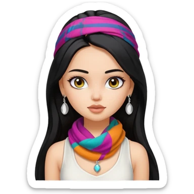 a pretty bratz girl with long black hair, kajal under eyes, small silver jhumkas. White tank top on. Colourful scarf around neck sticker