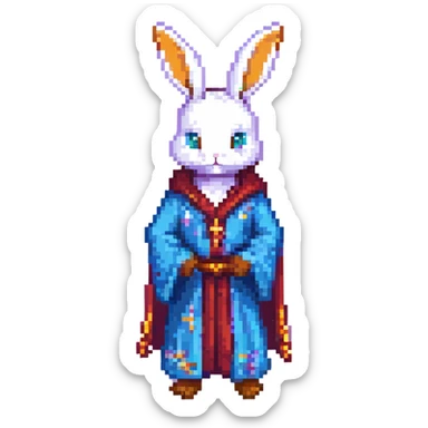 adolescent wizard bunny wearing a flowing robe, pixel art style sticker