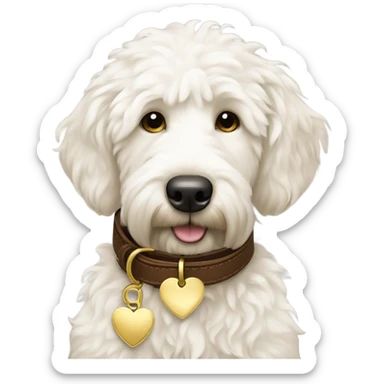 White golden doodle dog brown leather collar with a gold heart tag sticker