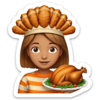 happy tan girl with an orange striped sweater and a cooked browned turkey on her head  sticker