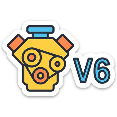 6-cylinder engine icon with clear and bold 'V6' text next to it, suitable for an icon, no background, clean lines, modern style sticker