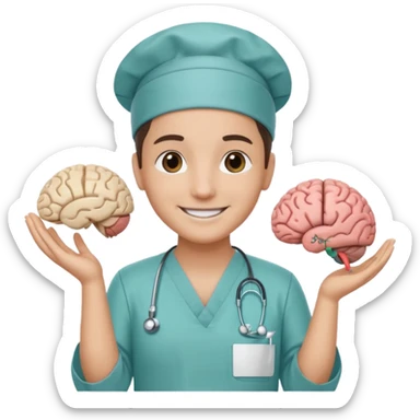 neurosurgeon smiling holding a brain scan sticker