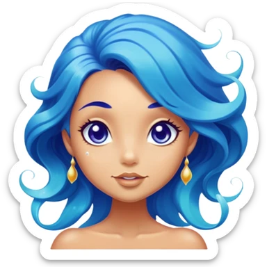 Cinematic Realistic Blue Hair Mermaid Portrait, head tilted playfully and inquisitively, showcasing a delicate, tropical form with finely detailed, flowing blue hair contrasting beautifully against her sun-kissed tanned skin. Her bright, curious eyes sparkle like sea gems under warm filtered light, rendered with lifelike clarity and soft underwater illumination—capturing the essence of a spirited mermaid poised to dance playfully amidst coral reefs. sticker