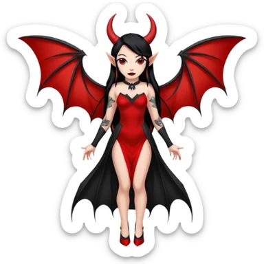 Full red-skin demon girl (entire body red), long black hair, small red horns, pointed ears, single bat wing, black open-back dress, bold tattoo-flash comic linework, red/black/gray, dark background, no text. sticker