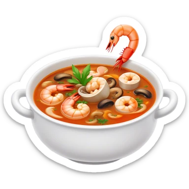 Cinematic Realistic Tom Yam Kung Soup Dish Emoji, showcasing a spicy, sour shrimp soup with herbs and mushrooms rendered with lifelike textures and bold, dynamic lighting. sticker