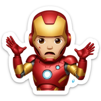 Create a man in an Iron Man costume who is crying with his mouth open and tears flowing sticker