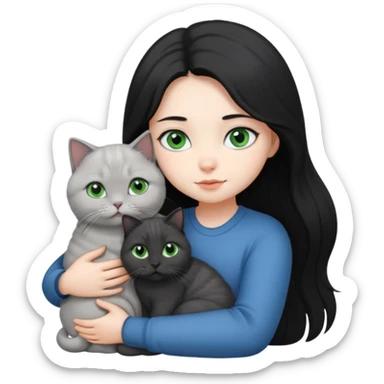 Black long hair, white skin, black eyes, pretty girl is hugging a gray Scottish fold green-eyed cat white blue-eyed cat

 sticker