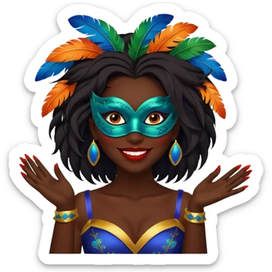 i need the same girl in "dark skin girl, dark red lipstick, nails very beautiful" to be smiling in "carnival mas costume, blue, green and orange preferably, full costume feathers at the back" she is to be smiling, hair should be dark shoulder length, black nail polish on her fingers  sticker