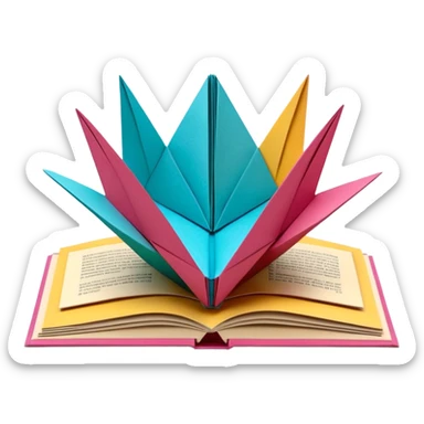 3D render of Pop-Up Book entirely of folded origami paper, sharp creases, cardboard texture, matte finish, visible paper grain, craft aesthetic, sticker