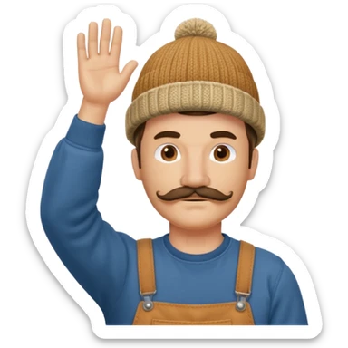 Woodworker mustache knit cap Carharttk shirt hand raised above head sticker