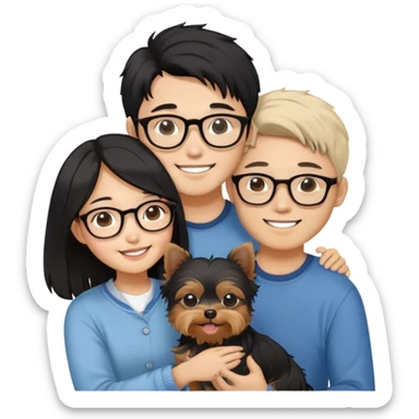 “An Asian girl with long, wavy black hair (loose, no hair tie) next to her smiling boyfriend—a light brown-skinned man with a Korean-style haircut and glasses. Together, they’re holding a small Yorkshire Terrier sticker