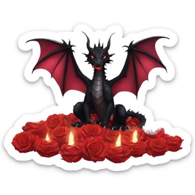 Black dragon breathing red flames, covered in thorned roses, surrounded by lanterns candles and fairy lights sticker