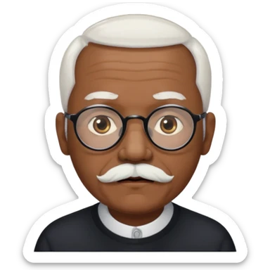 an elderly man with medium-dark skin tone, bald on top with short white hair at the sides, thick white eyebrows, large brown eyes, and wears black-framed glasses.
A small white beard sits above his mouth sticker