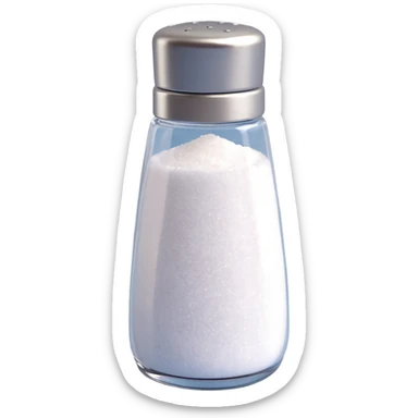 3D emoji style salt shaker, upright, silver top, clear body with white salt, simple and expressive sticker