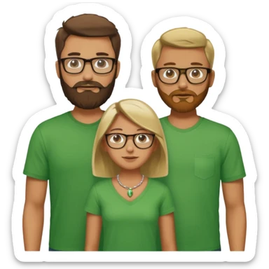 A family consisting of a man who's bearded, tanned, wearing glasses, a woman, slightly tanned, and a 14 year old teenage boy, slightly tanned, wearing a green t-shirt sticker