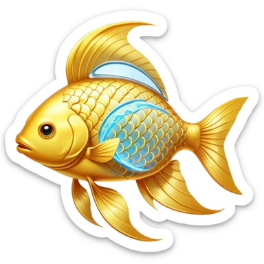 Mystical golden fish flowing in an omega shape, with its body transforming into streams of radiant energy that connect to a brain, heart, and joints. The fish appears magical and ethereal, with glowing scales and a luminous aura representing the essential nutrients of omega-3. sticker