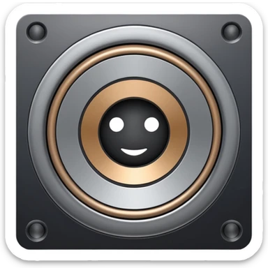 Minimal emoji icon of a modern metallic speaker, front view, detailed geometry, dark metallic body, subtle highlights, isolated sticker