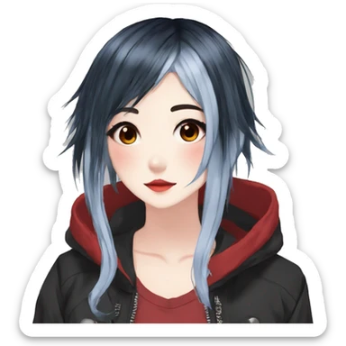 Gorgeous anime style shojo character with blushing face aesthetic and pretty edgy black red punk hair with hair garment trending style sticker