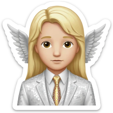 Angel from Christian Mythology with long blonde hair, white sequin suit jacket and tie, ivory shirt sticker