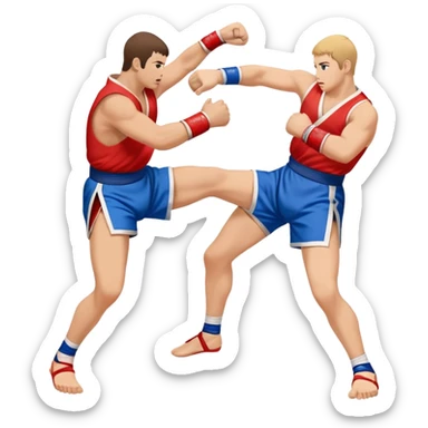 An icon symbolizing Sambo, featuring two fighters in blue and red kimonos with shorts and wrestling shoes. One executes a powerful throw, while the other attempts a defensive grab. The fighters are engaged in a grapple, using joint locks and sweeps.  sticker