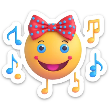 3D smiley emoji, large eyelashes, red polka dot bow, excited, big smile, blue eyes, musical notes sticker