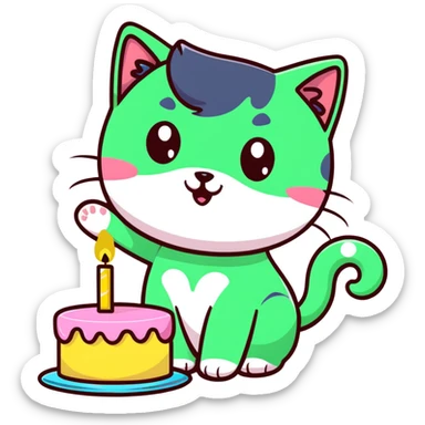 tricolor fluffy cat with big green eyes celebrating her birthday with a cake and champagne sticker