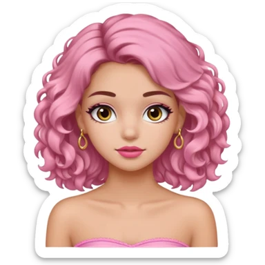 crée moi une jeune fille très belle avec les cheveux bouclés long brune avec un top  sans manche ni brettelles juste un 'bandeau' de couleur rose clair avec un peu de maquillage et des beaux et long  cils un collier en or sticker