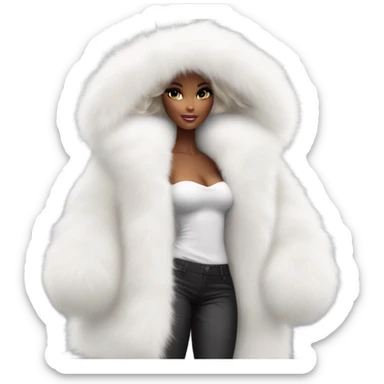 Barbie in an extremely big fluffy oversized white fur coat with hood on. The fur is real and it’s very obvious big and fluffy like in Pinterest  sticker