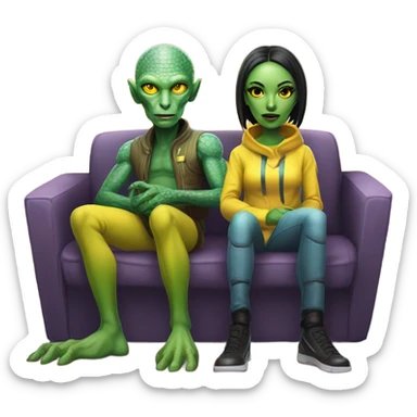 alien reptilian woman and humman man, sitting on a couch  sticker