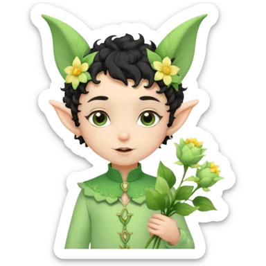 Tiny elf baby black curly hair with pointy ears and hat, pastel green outfit, hold flowers sticker