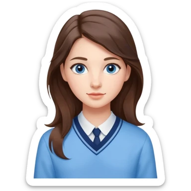 Realistic Student Portrait, with porcelain-like skin featuring a natural rosy flush, iHer Brunette Half-Up Style for Straight  hair flows in soft, Her deep blue eyes radiate warmth and innocence,  wear light blue preppy style. sticker