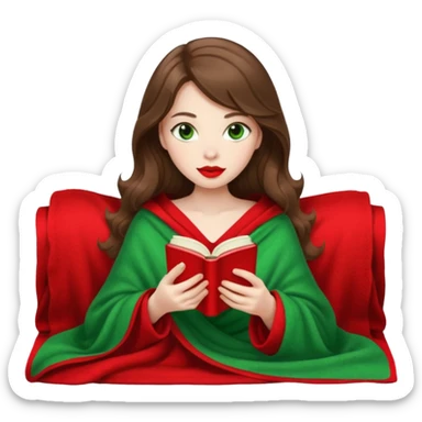 Long wavy brown haired, white skinned, green eyed girl with red lipstick wrapped in a blanket, sipping tea and reading a book sticker