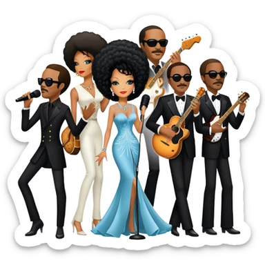 Icon for R&B Music: collage of legendary R&B artists—Diana Ross, Stevie Wonder, Marvin Gaye, Janet Jackson, Billy Ocean, and Whitney Houston. Represented by silhouettes or symbolic items like a microphone, guitar, or music notes. Transparent background. sticker