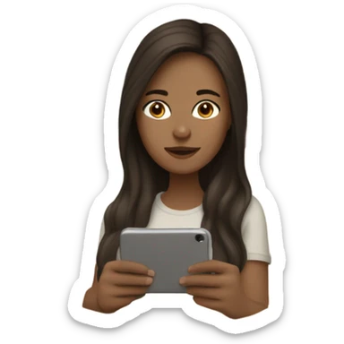 white girl with long dark brown hair in a bed with beige comforter on her phone sticker