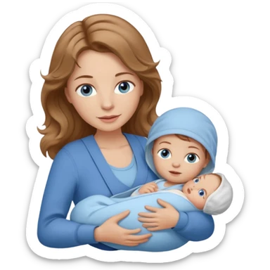 Caucasians light brown wavy haired woman with brown skinned newborn in carrier. Mom has blue eyes and just one baby sticker