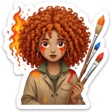 Artistic character with crazy wild hair, creative chaotic vibes, holding paint brushes and surrounded by intense fiery artwork sticker