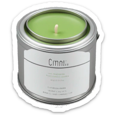 matcha scented candle in a silver tin with a small white label realistic sticker