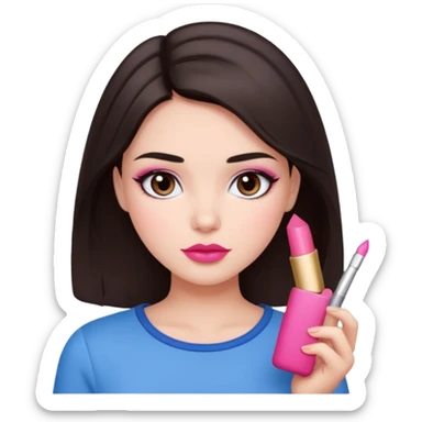Dark brown haired girl with black eyes and lips between the shades of pink and red. A cute and clean makeup along with a blue top  sticker