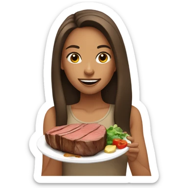 A tan girl with long brunette hair eating a bunch of steak sticker