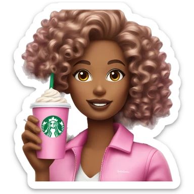 Barbie girl with curly hair holding Pink starbucks refresher sticker