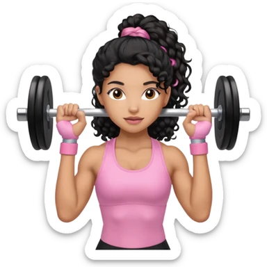 Mixed-race athletic woman with caramel skin, long black curly hair in a ponytail, lifting a pastel pink barbell sticker