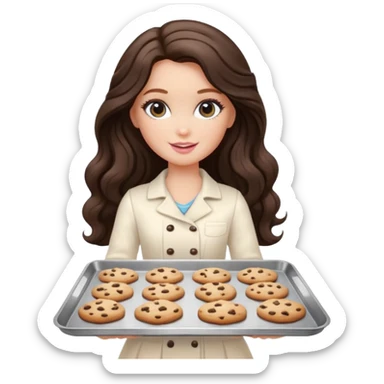 A white Barbie girl with long dark brown wavy hair in a cream clothes holds a Baking tray with cookies sticker