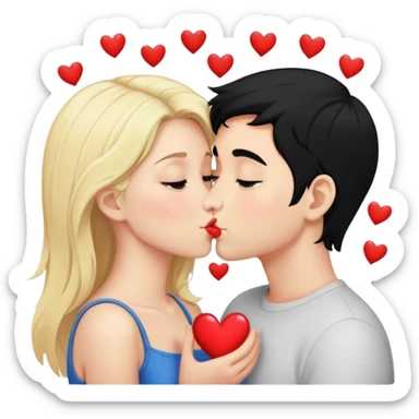 Couple of blonde girl and boy with black hair and fair skin is kissing with a lot of hearts around them sticker
