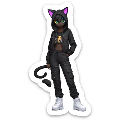 Edgy Anthro cool shy colorful urban beautiful pretty anime Black cat-Pokémon-fursona techwear cargo pants hoodie sticker