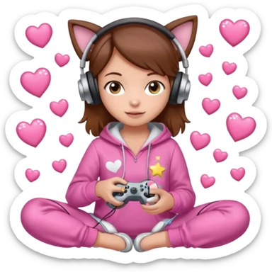 A brown-haired cartoon girl in a pink sparkly hoodie with headphones on, holding a game controller, surrounded by hearts, stars, and a puppy and kitten cuddling at her feet. sticker