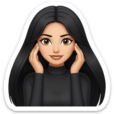 beautiful woman boss, with long straight black hair, with make up, black eye liner, smile, mexican, brown skin, wearing beautiful sexy black outfit, she’s posing her head in her hands shés shy sticker